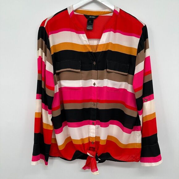 Ali‎ Miles Top Shirt Blouse Size Large Sheer Tie Waist Long Roll Tab Sleeves - Picture 1 of 16